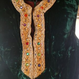 Plush Velvet 60's Mini Dress, Medium, Gold Jeweled Neckline Trim, Sleeveless,